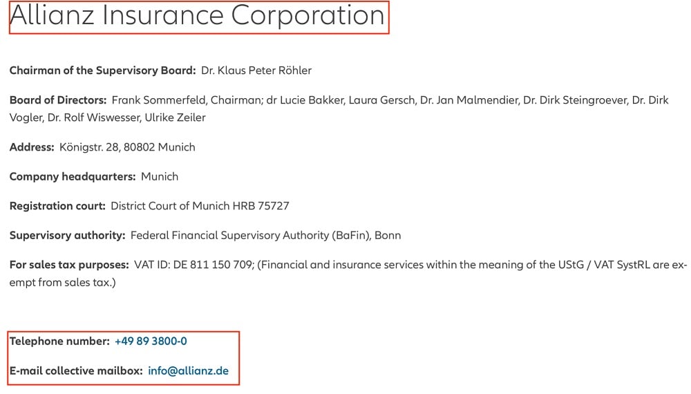Allianz Impressum: Contact information highlighted