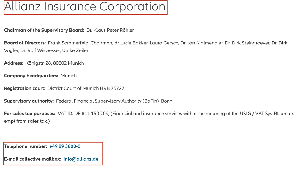 Allianz Impressum: Contact information highlighted