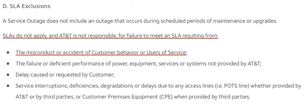 AT and T Broadband SLA: Exclusions clause excerpt