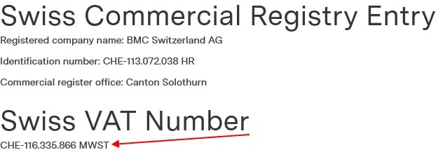 BMC Switzerland Impressum: VAT number highlighted