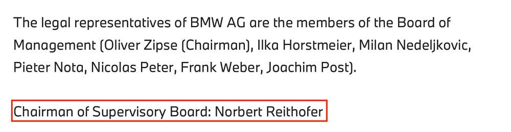 BMW Impressum with Chairman of the Board highlighted