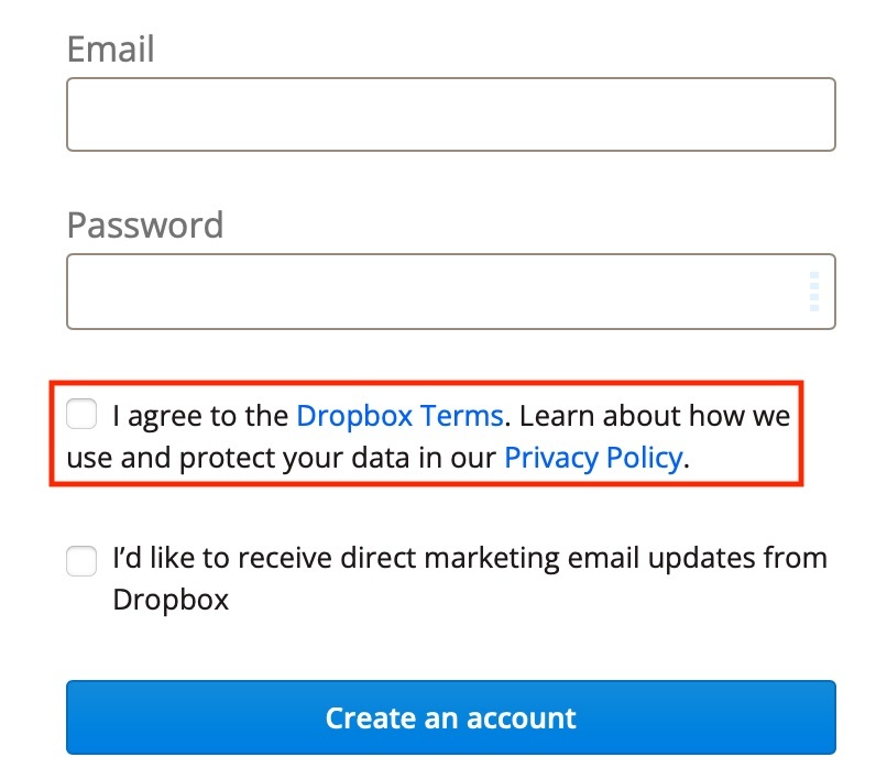 Dropbox Create Account form with Agree to Terms checkbox highlighted
