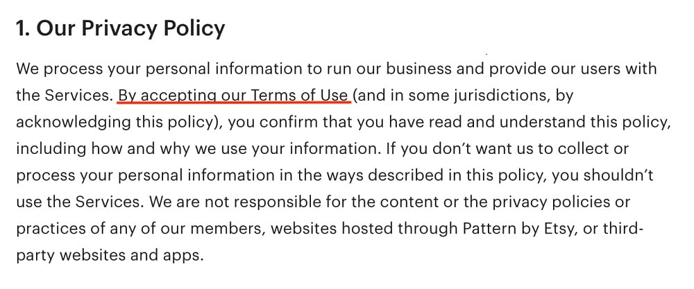 Etsy Privacy Policy: Intro clause with Terms of Use highlighted