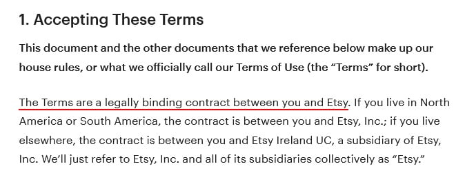 Etsy Terms of Use: Introduction - Accepting These Terms clause