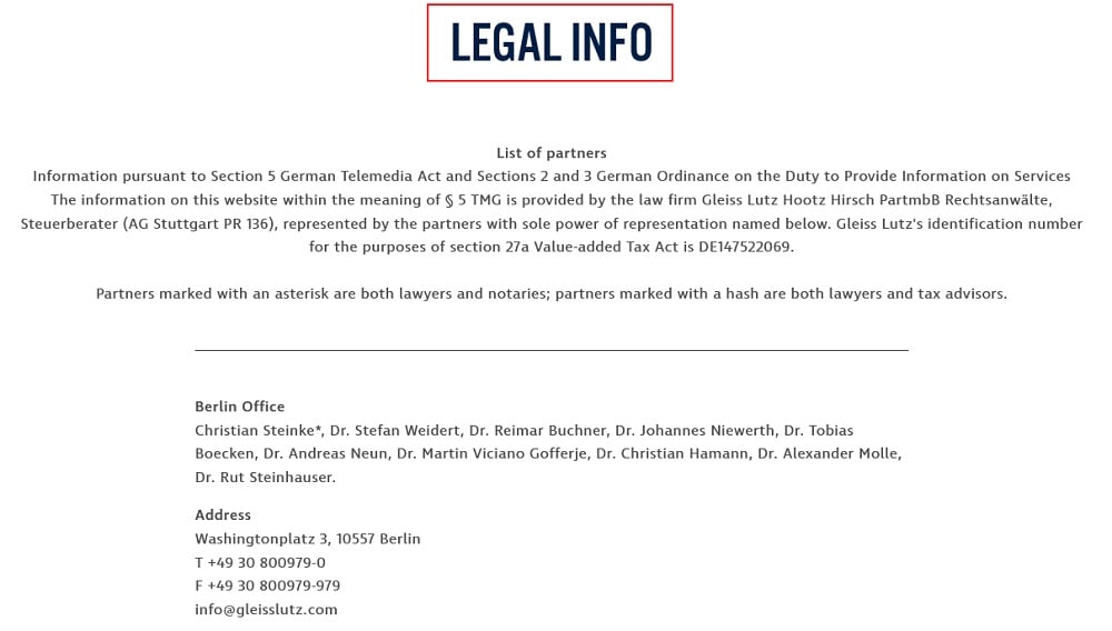 Gleiss Lutz Legal Info page intro