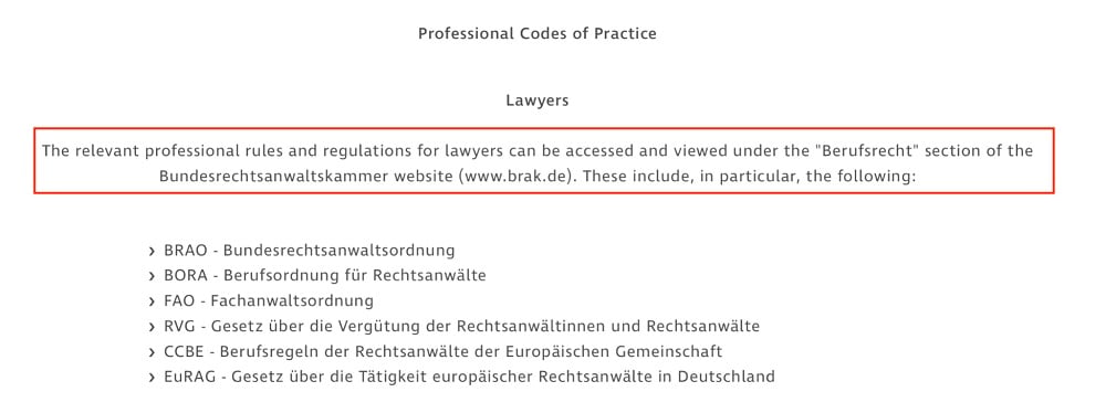 Gleiss Lutz Legal Info: Professional codes of practice section