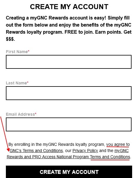 GNC Create Account form with Terms and Conditions links highlighted