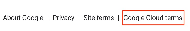 Google Cloud website footer with Terms link highlighted