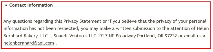 Helen Bernhard Bakery Terms and Conditions: Contact Information clause