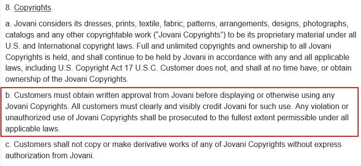 Jovani Fashions Terms and Conditions: Copyrights clause