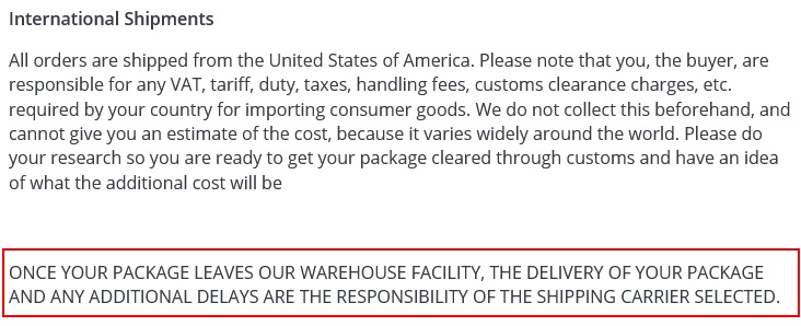 Katie Crew Fitness Shipping Policy: International Shipments clause