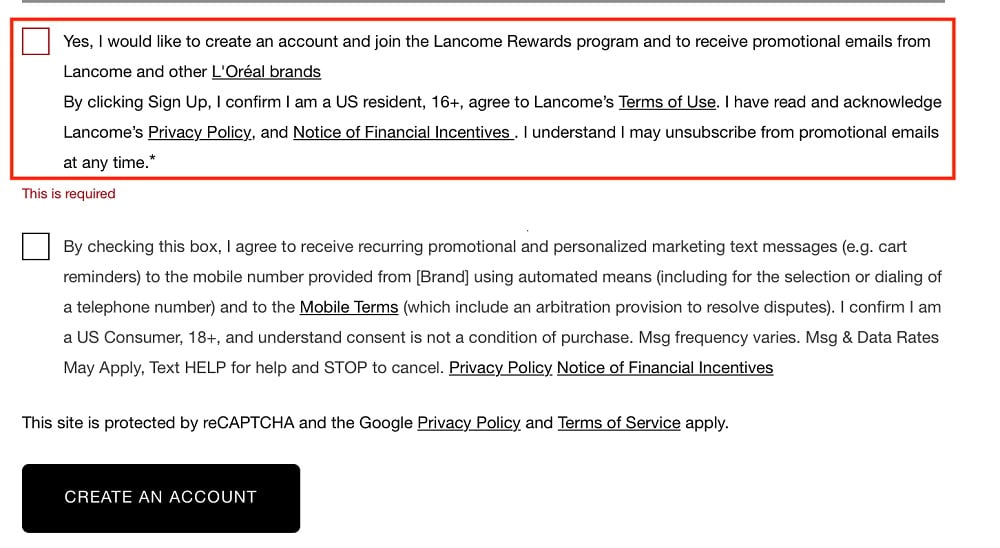 Lancome Create an Account form with I Agree checkbox highlighted