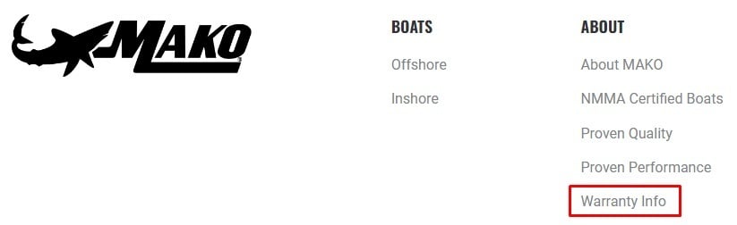 MAKO Boats website footer with Warranty Info link highlighted