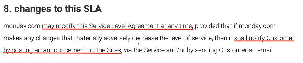 Monday SLA: Changes to this SLA clause