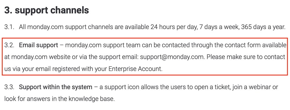 Monday SLA: Support Channels clause excerpt