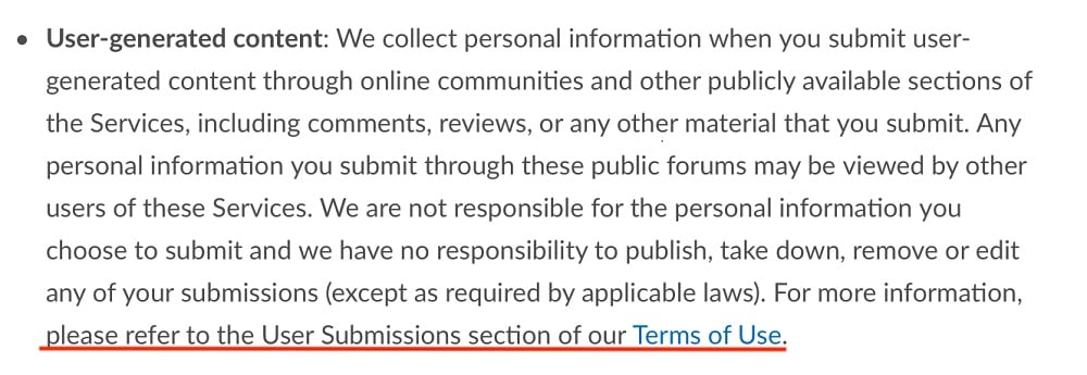Out of Print Privacy Policy: User-generated content clause with Terms of Use link highlighted