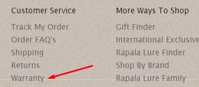 Rapala website footer with Warranty link highlighted