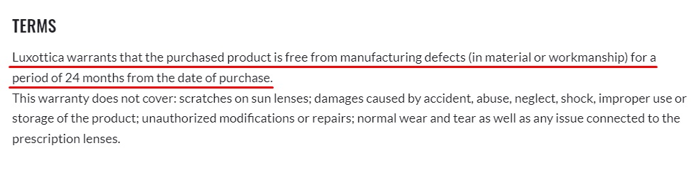 Ray-Ban Warranty Policy: Terms section