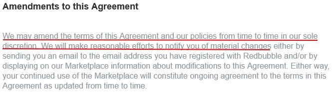 Redbubble User Agreement: Amendments to this Agreement clause