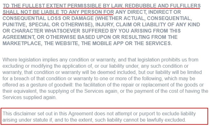 Redbubble User Agreement: Limitations of liability clause