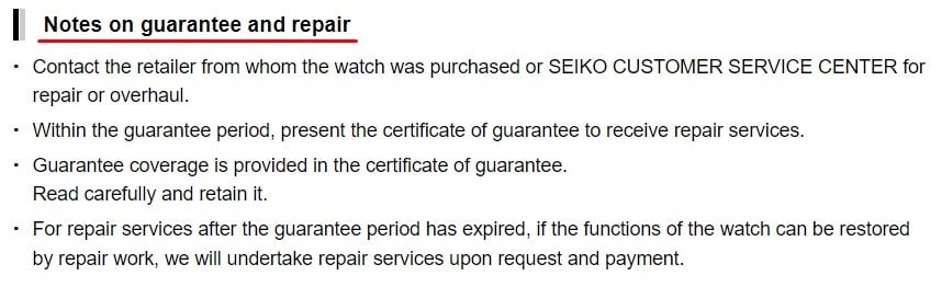 Seiko After Sales Service Policy: Notes on guarantee and repair section
