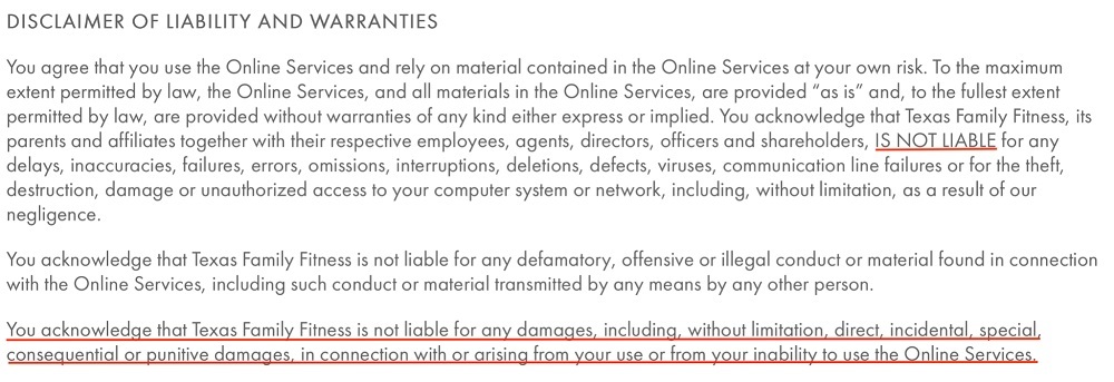 Texas Family Fitness Terms of Use: Disclaimer of Liability and Warranties clause