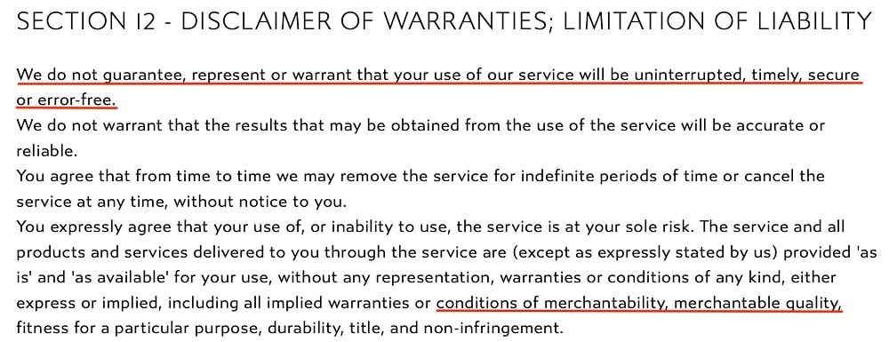 The Winner Terms of Service: Disclaimer of Warranties and Limitation of Liability clause