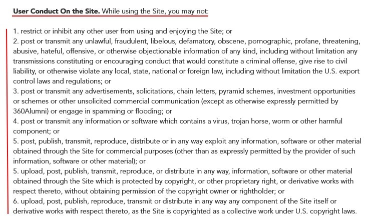 360Alumni Terms and Conditions: User Conduct On the Site clause