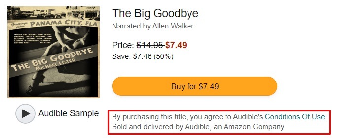 Audible checkout page with Agree to Conditions of Use statement highlighted