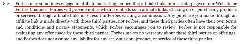 Forbes Terms of Service: Affiliate links clause