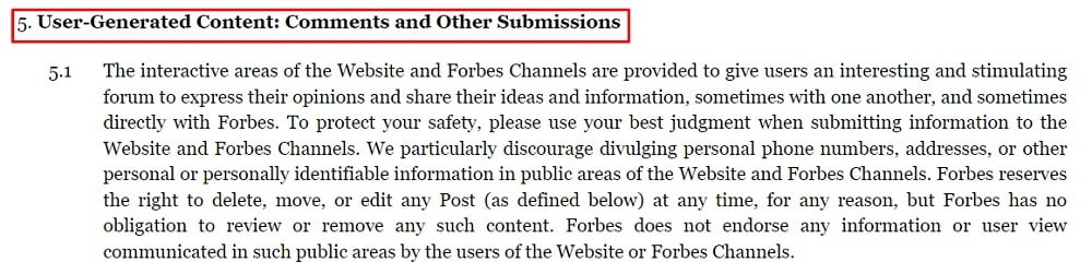 Forbes Terms of Service: User-Generated Content Comments and Other Submissions clause