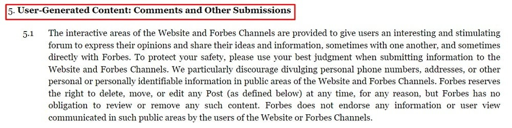 Forbes Terms of Service: User-Generated Content Comments and Other Submissions clause