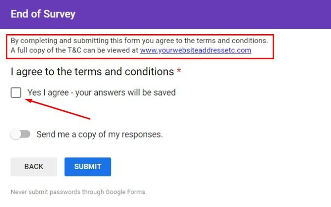 Google Help example of I Agree to Terms and Conditions checkbox with Forms