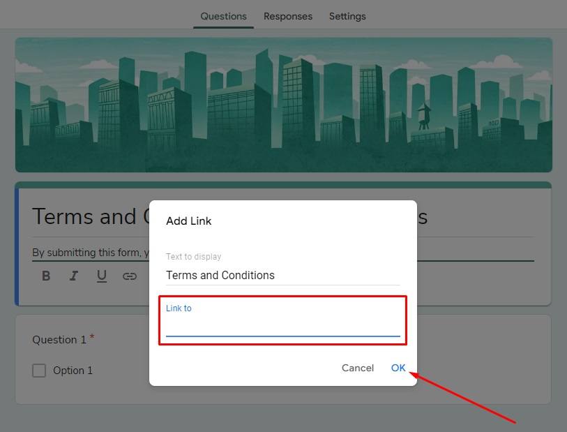 PrivacyPolicies.com Google Forms: Add link dialog box with Link to and OK options highlighted