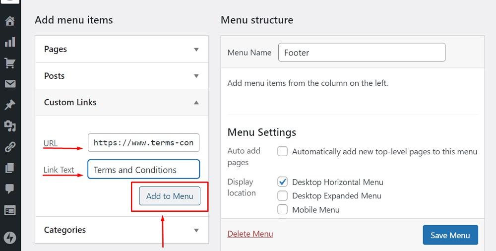 PrivacyPolicies.com WordPress website: Menus Editor - Custom Links added Terms and Conditions URL and text and Add to Menu button highlighted