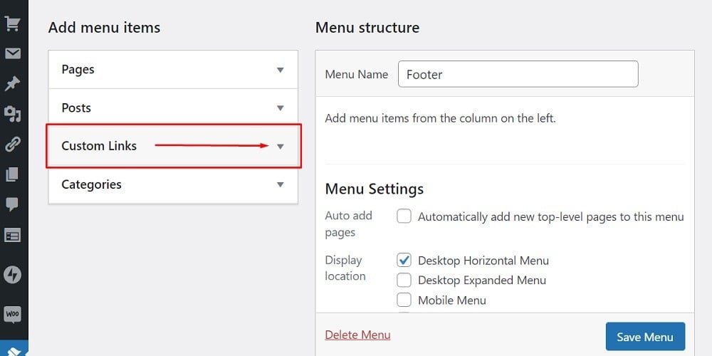 PrivacyPolicies.com WordPress website: Menus Editor - Add menu items - Custom links field highlighted