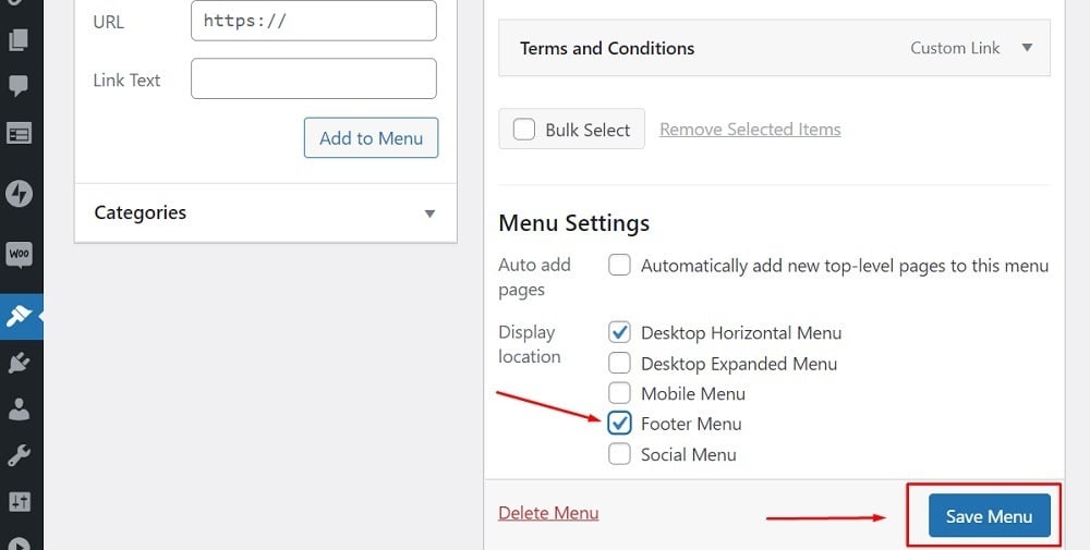 PrivacyPolicies.com WordPress website: Menus Editor - Save Menu button highlighted