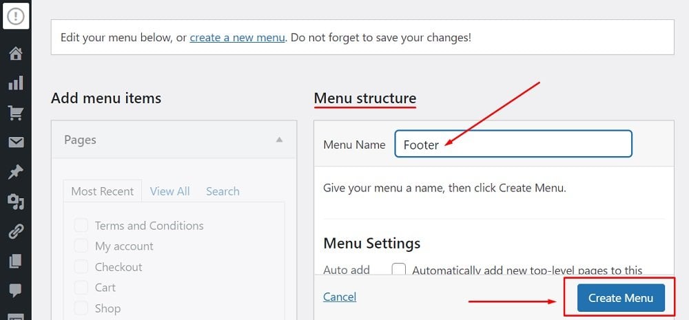 PrivacyPolicies.com WordPress website: Menus Editor - Name Menu field and Create Menu button highlighted