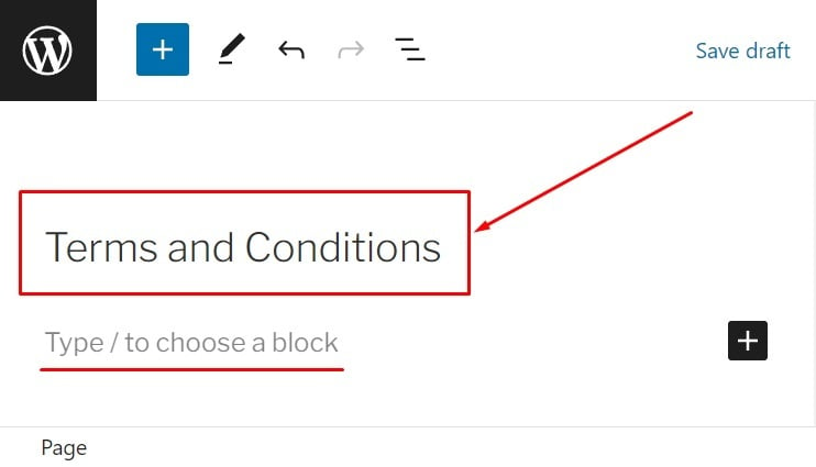 PrivacyPolicies.com WordPress website: Pages - Add a Terms and Conditions title and text in the editor highlighted