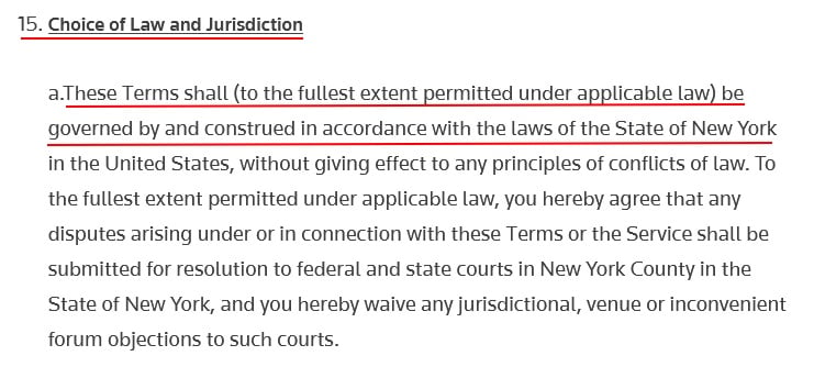 Reuters Terms of Use: Choice of Law and Jurisdiction clause excerpt