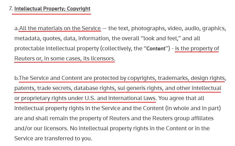 Reuters Terms of Use: Choice of Law and Jurisdiction clause excerpt