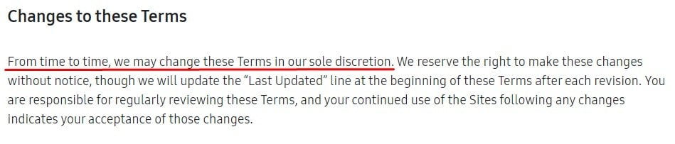 Samsung Terms of Use: Changes to these Terms clause