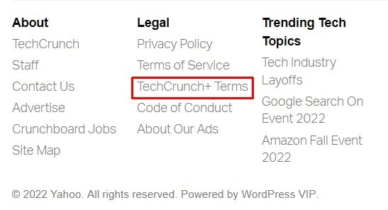 TechCrunch Plus website footer with Terms link highlighted
