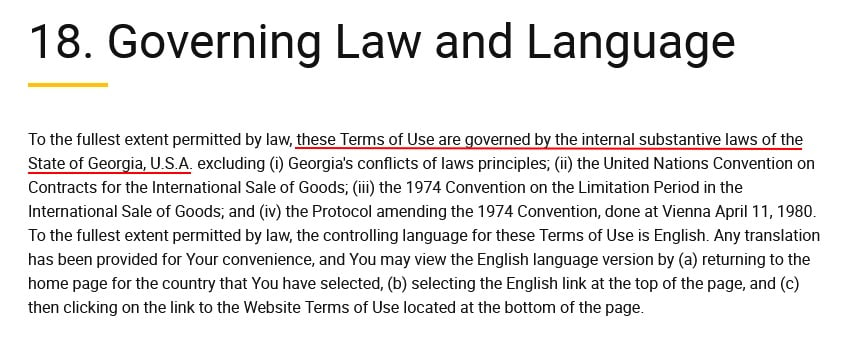 UPS Terms of Use: Governing Law and Language clause