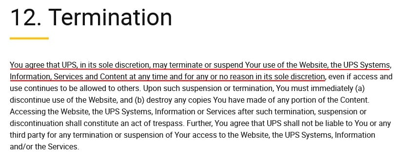 UPS Terms of Use: Termination clause
