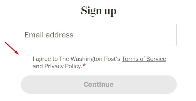 Washington Post account sign-up form with I agree to Terms of Service and Privacy Policy checkbox highlighted