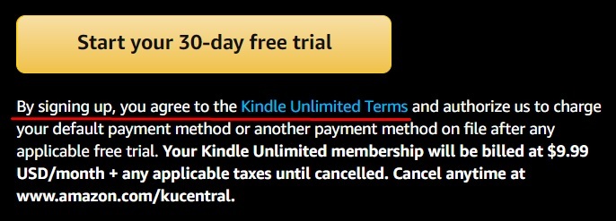 Amazon Kindle trial sign-up with Terms link highlighted
