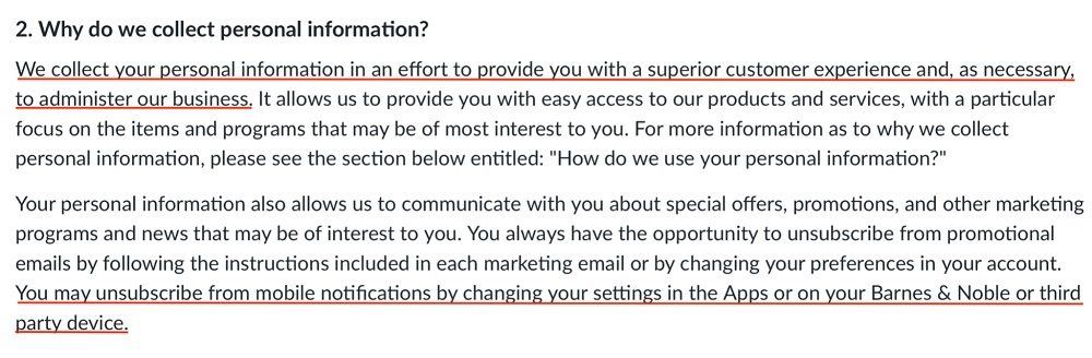 Barnes and Noble Privacy Policy: Why do we collect personal information clause