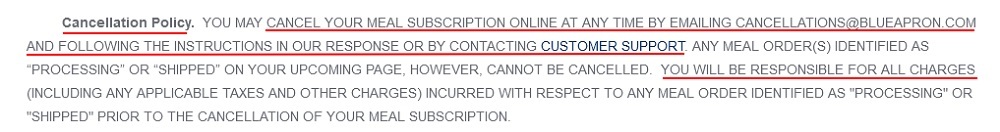 Blue Apron Terms of Use: Cancellation Policy clause