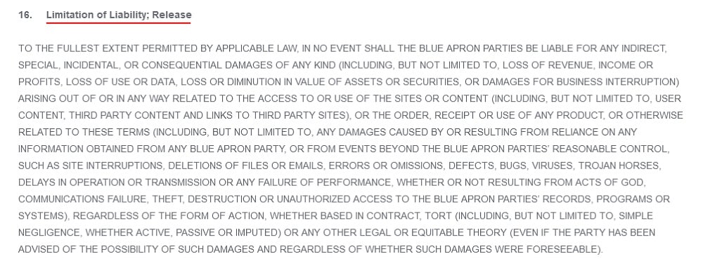 Blue Apron Terms of Use: Limitation of Liability Release clause